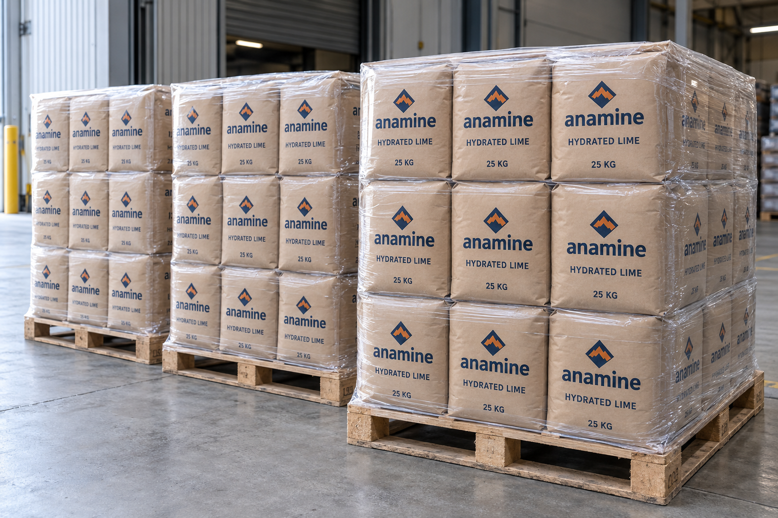 Anamine branded 25 kg hydrated lime bags on pallets